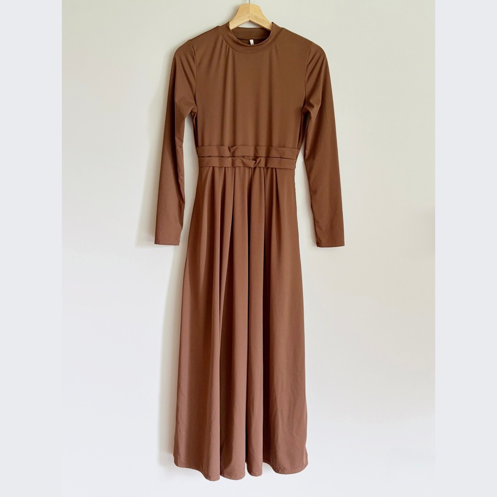 Halara Brown Long Sleeve Pocket Flare Maxi Dress Size Medium Mock Neck Modest